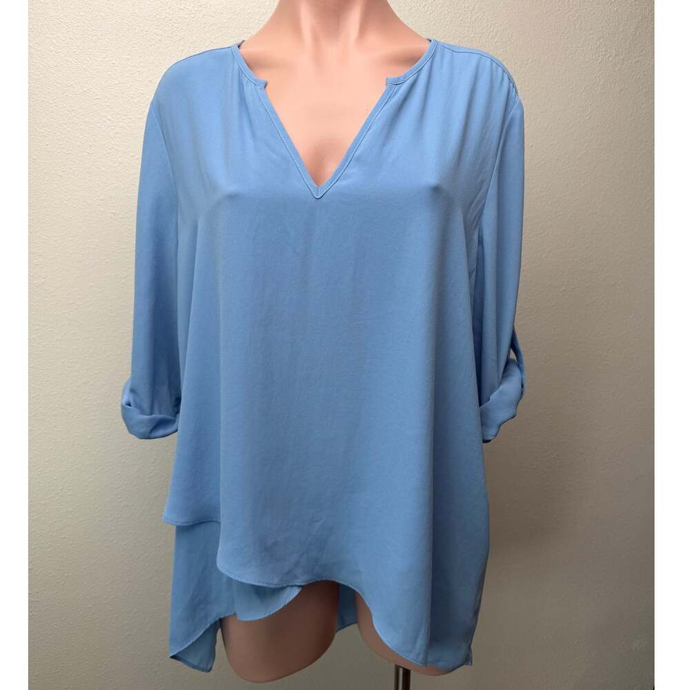 Karen Kane Light Blue Hi-Low Layered V-Neck Roll Tab Blouse Size L